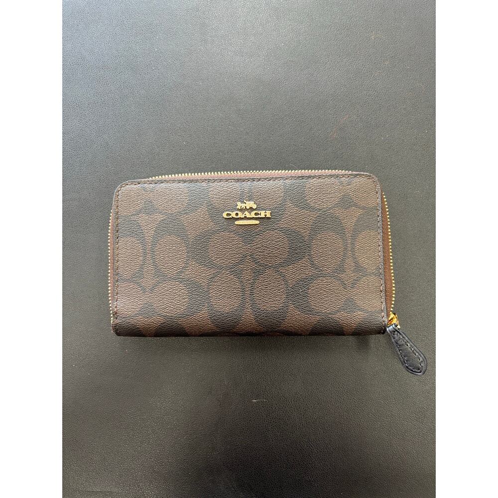 NWT Coach Signature Zip Around Wallet Brown Black Canvas Leather F88913 Gold - Picture 4 of 10